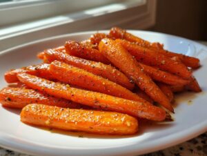 A close-up of glossy, glazed Honey Garlic Butter Roasted Carrots seasoned with pepper, piled on a white serving plate.