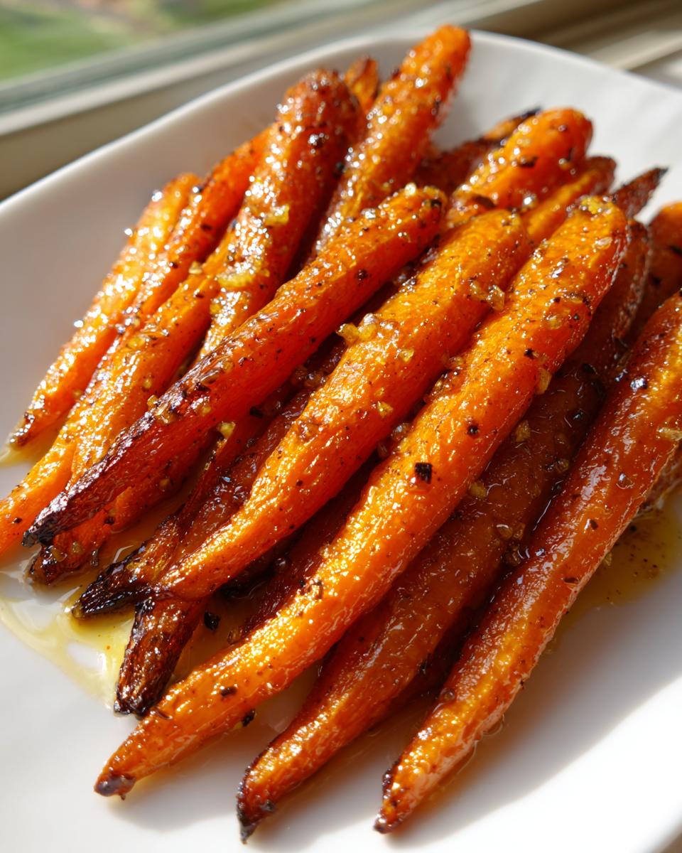 Close-up of glossy, caramelized Honey Garlic Butter Roasted Carrots piled on a white plate.
