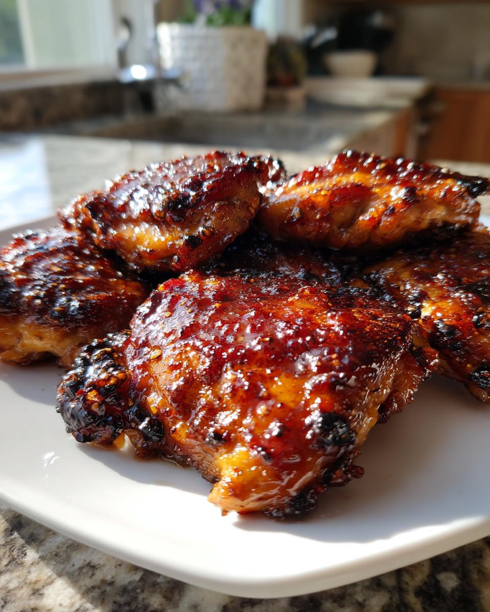 Close-up of perfectly glazed, caramelized honey garlic chicken pieces piled on a white plate.