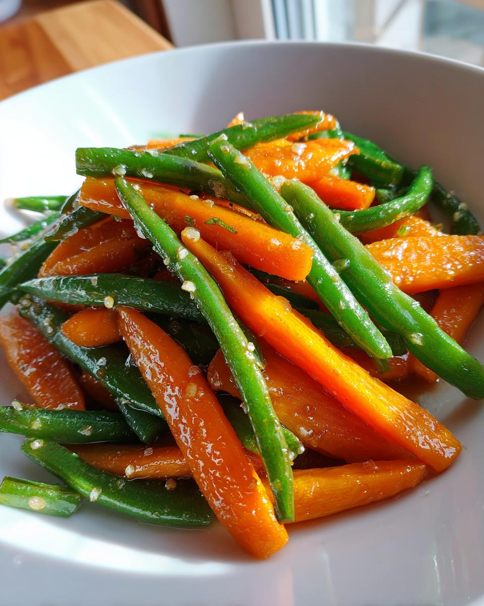 Brightly colored Honey Glazed Carrots and Green Beans tossed in a shiny glaze and served in a white bowl.