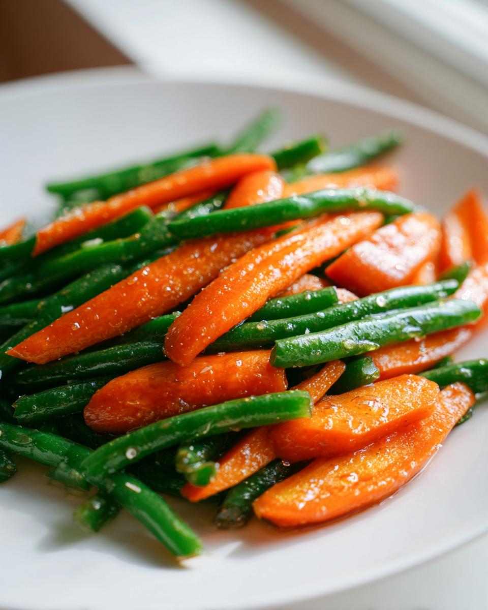 A close-up shot of vibrant Honey Glazed Carrots and Green Beans glistening on a white plate.
