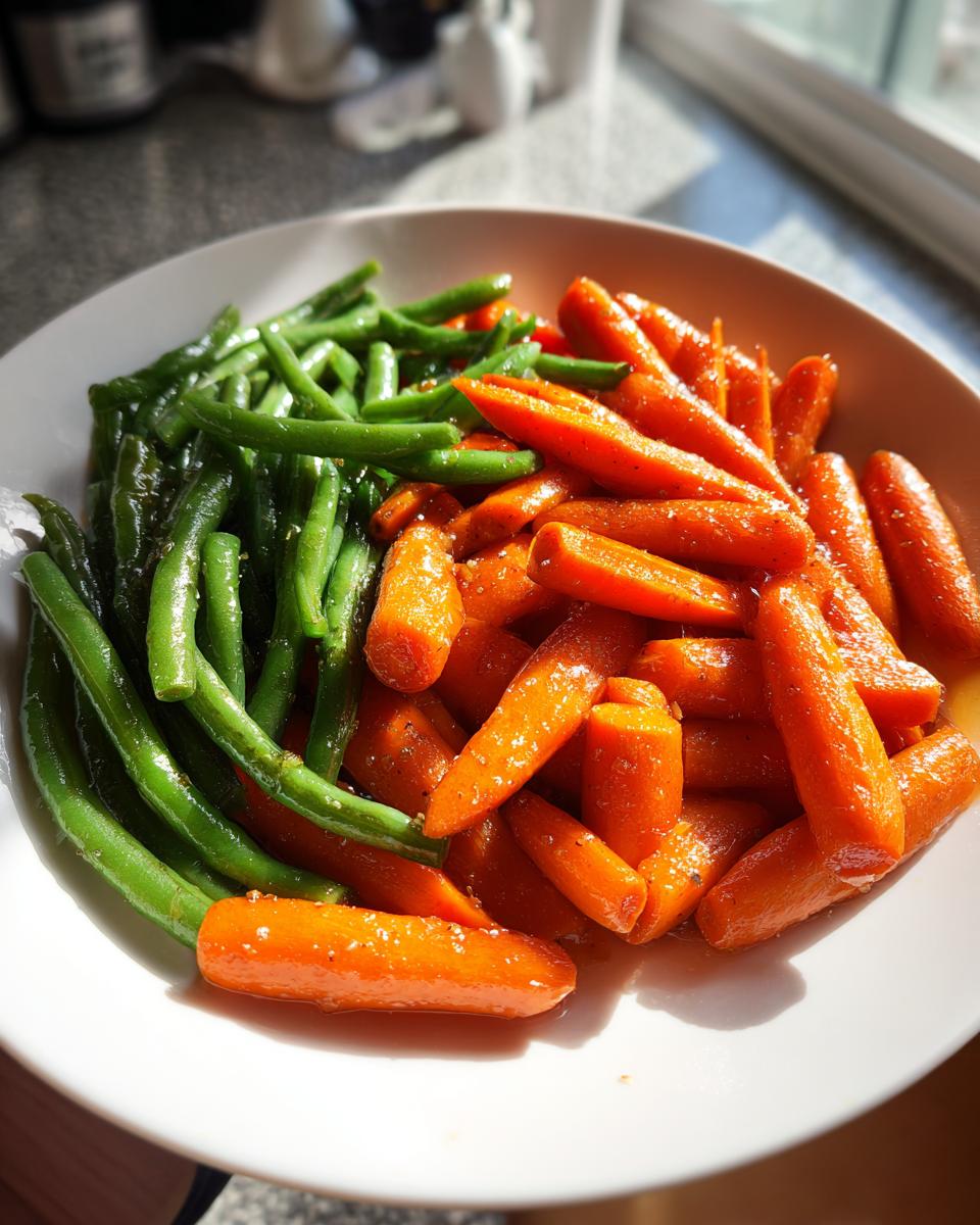 A white bowl filled with bright orange Honey Glazed Carrots and green beans, glistening under sunlight.