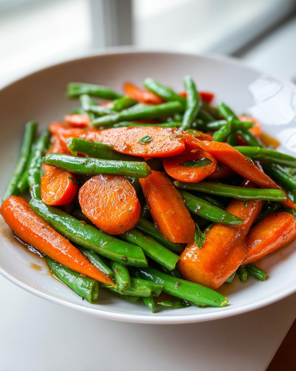 A close-up of vibrant Honey Glazed Carrots and Green Beans tossed in a light sauce on a white plate.