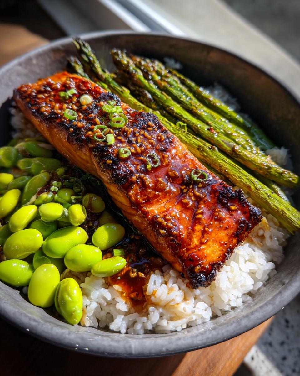 A close-up of a perfectly cooked fillet of honey glazed salmon served over white rice with bright green edamame and roasted asparagus.