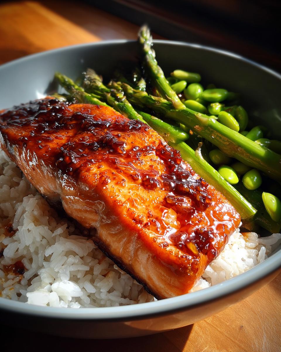 Close-up of a perfectly cooked fillet of honey glazed salmon served over white rice with asparagus and edamame.
