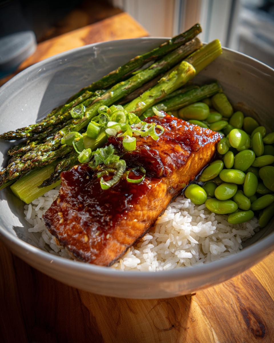 A close-up of a honey glazed salmon bowl featuring glazed salmon over rice with asparagus and edamame.