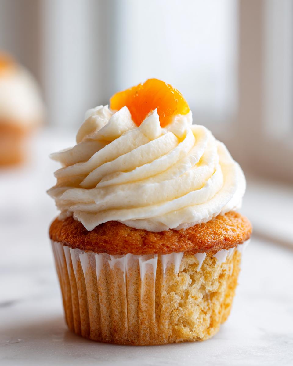 A single, beautifully frosted honey peach cream cheese cupcake topped with a piece of candied peach.