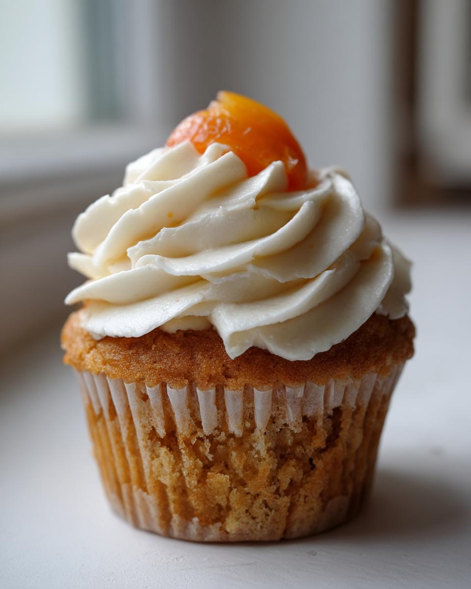 A single, perfectly baked honey peach cream cheese cupcake topped with swirls of white frosting and a piece of peach.