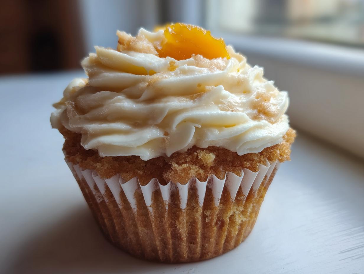 A single, beautifully frosted honey peach cream cheese cupcake topped with a piece of candied peach.