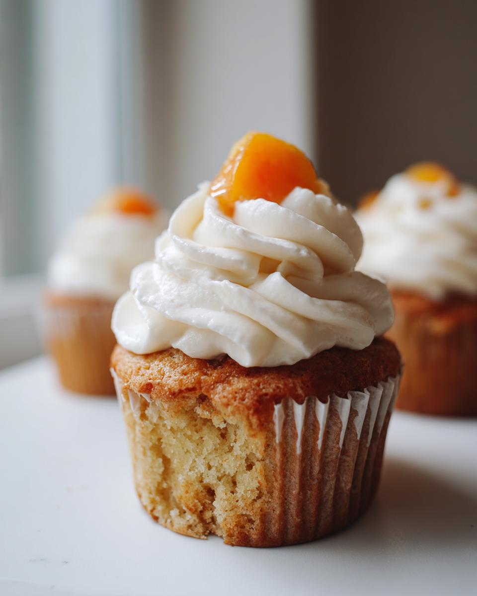 A close-up of a honey peach cream cheese cupcake with a bite taken out, showing the moist cake and cream cheese frosting topped with a peach slice.