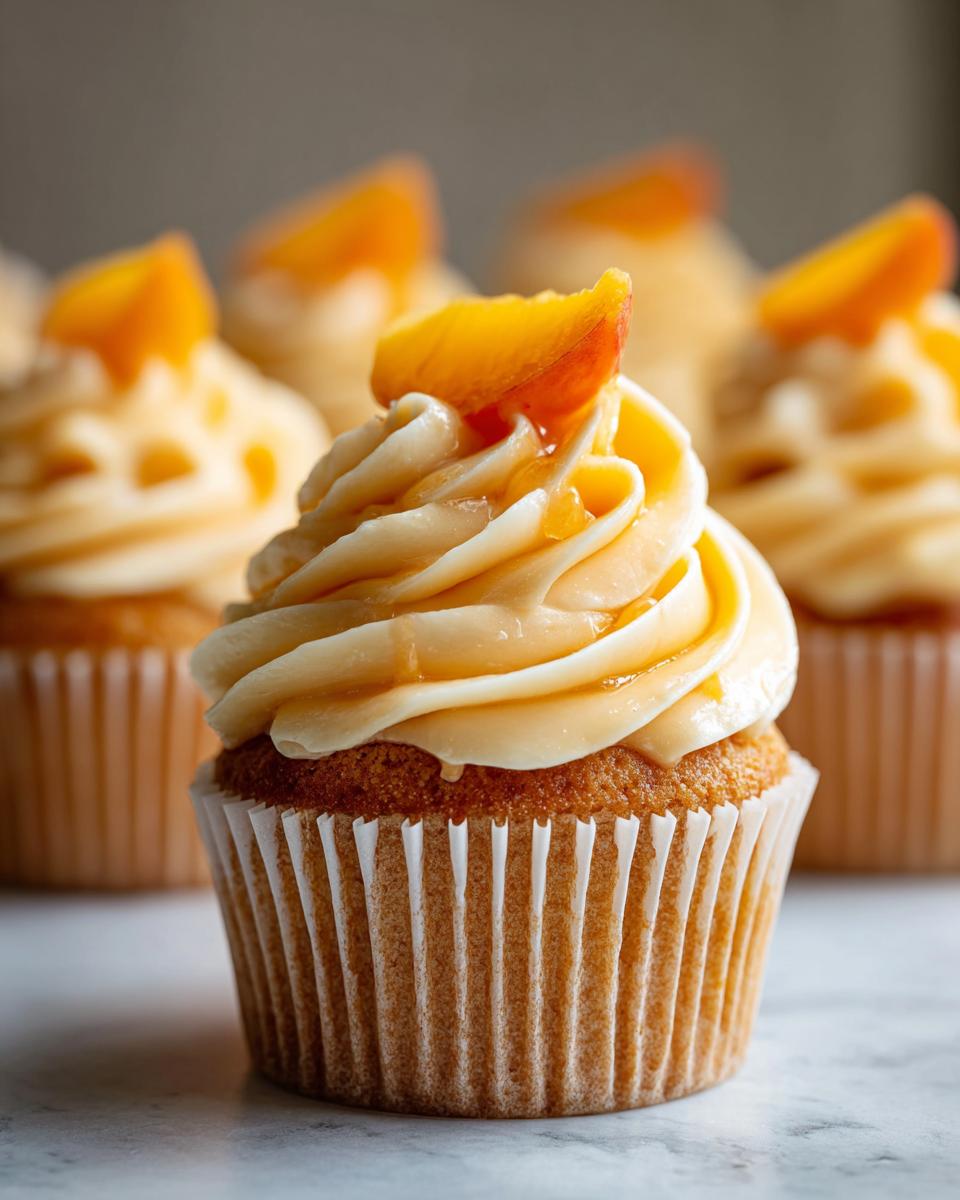 A close-up of a perfectly frosted honey peach cupcake topped with a fresh peach slice and honey drizzle.