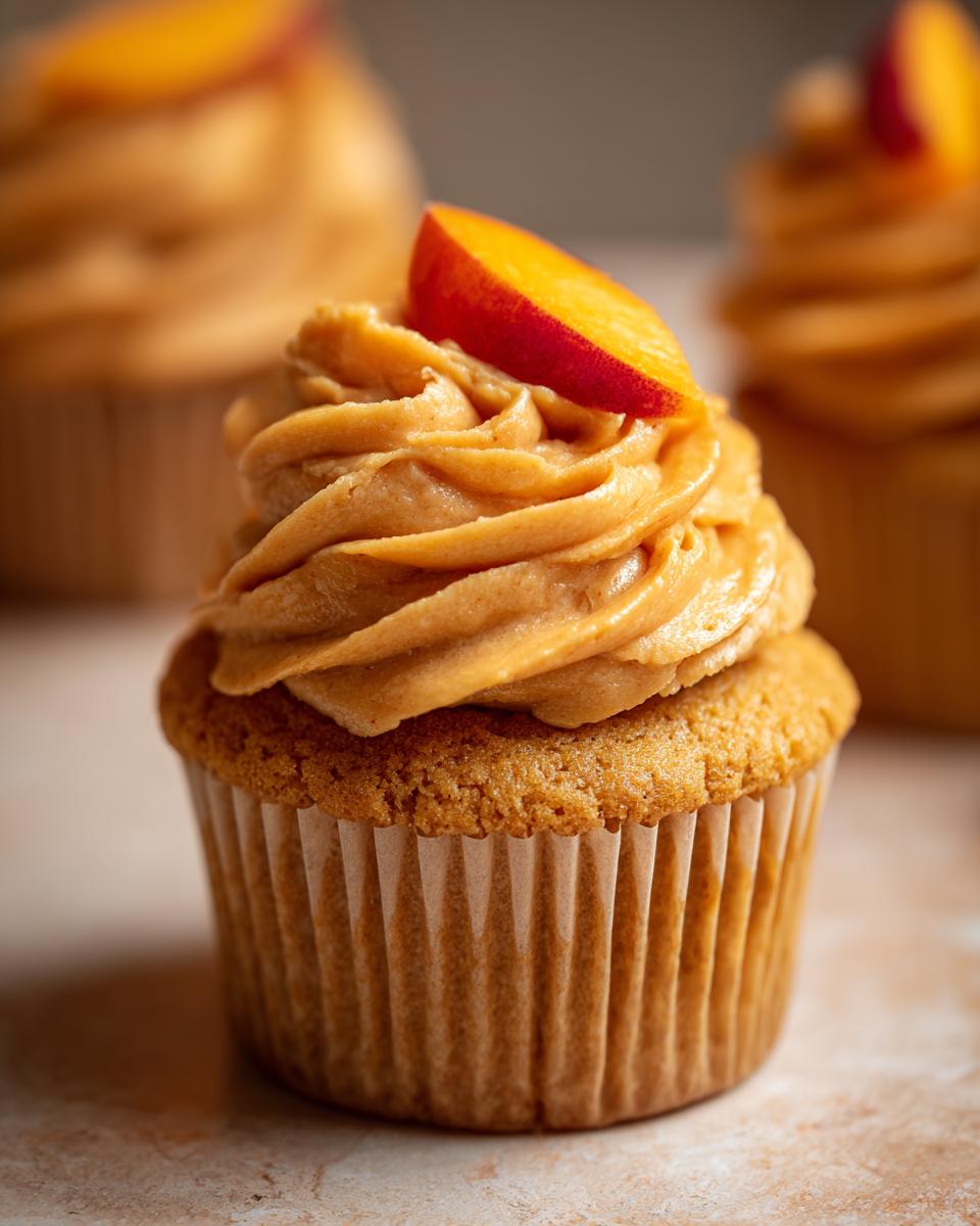 A close-up of a single, moist honey peach cupcake topped with thick, swirled, tan-colored frosting and a fresh peach slice.
