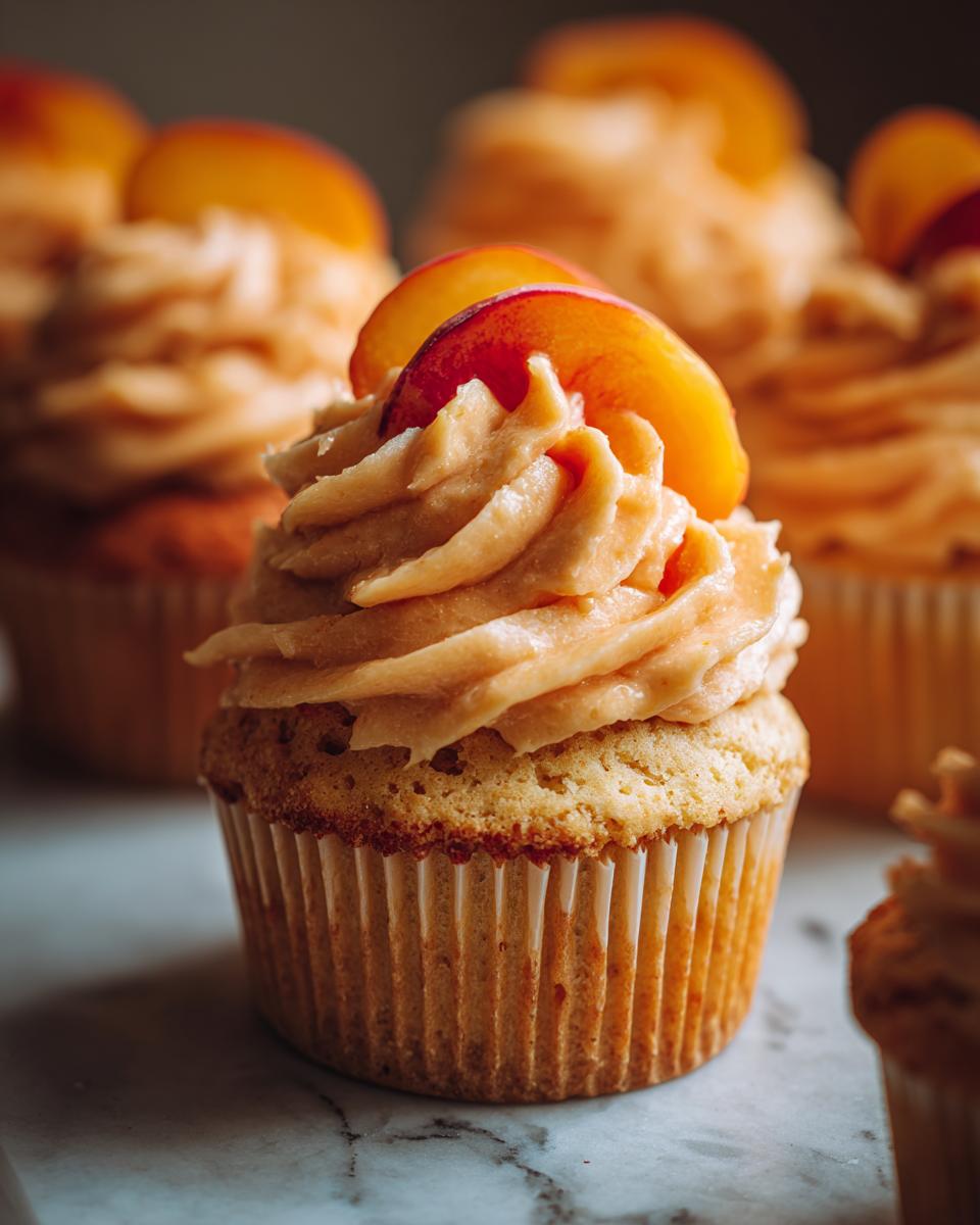 A close-up of a moist honey peach cupcake topped with swirled, peach-colored frosting and a fresh peach slice.