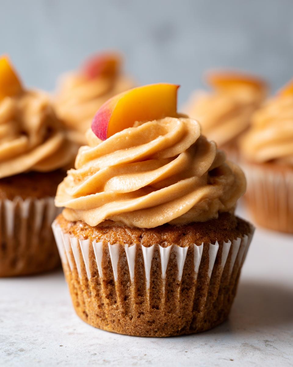 A close-up of one perfectly baked honey peach cupcake topped with thick, swirled, tan frosting and a fresh peach slice.