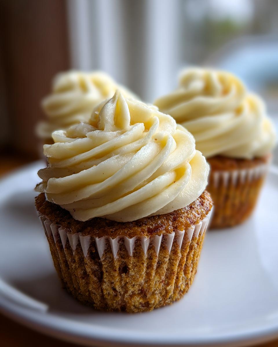 A close-up of one perfectly frosted honey peach cupcakes with cream cheese frosting sitting on a white plate.