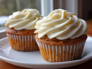 Close-up of two delicious honey peach cupcakes topped with thick swirls of cream cheese frosting on a white plate.