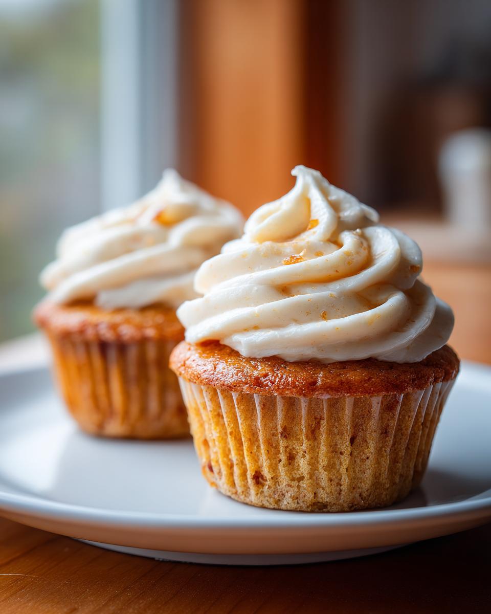 Two delicious honey peach cupcakes with swirls of thick cream cheese frosting, sitting on a white plate.