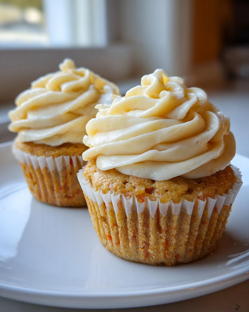Close-up of two honey peach cupcakes with swirls of thick cream cheese frosting on a white plate.