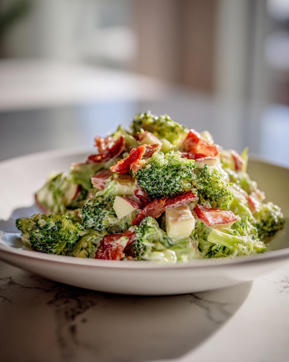 A creamy, vibrant honeycrisp apple broccoli salad mixed with bacon pieces, served in a white bowl.