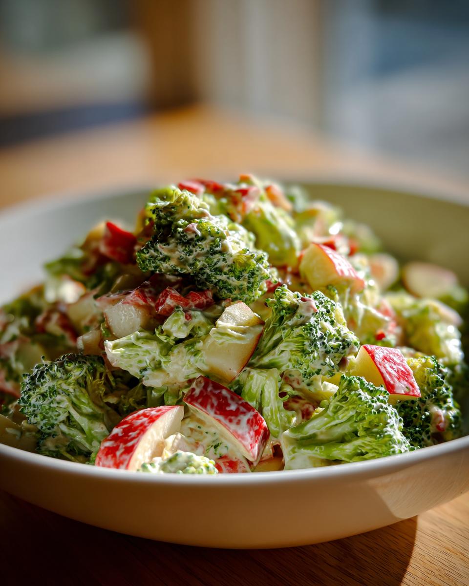 Close-up of creamy honeycrisp apple broccoli salad featuring bright green florets and chunks of red-skinned apple.