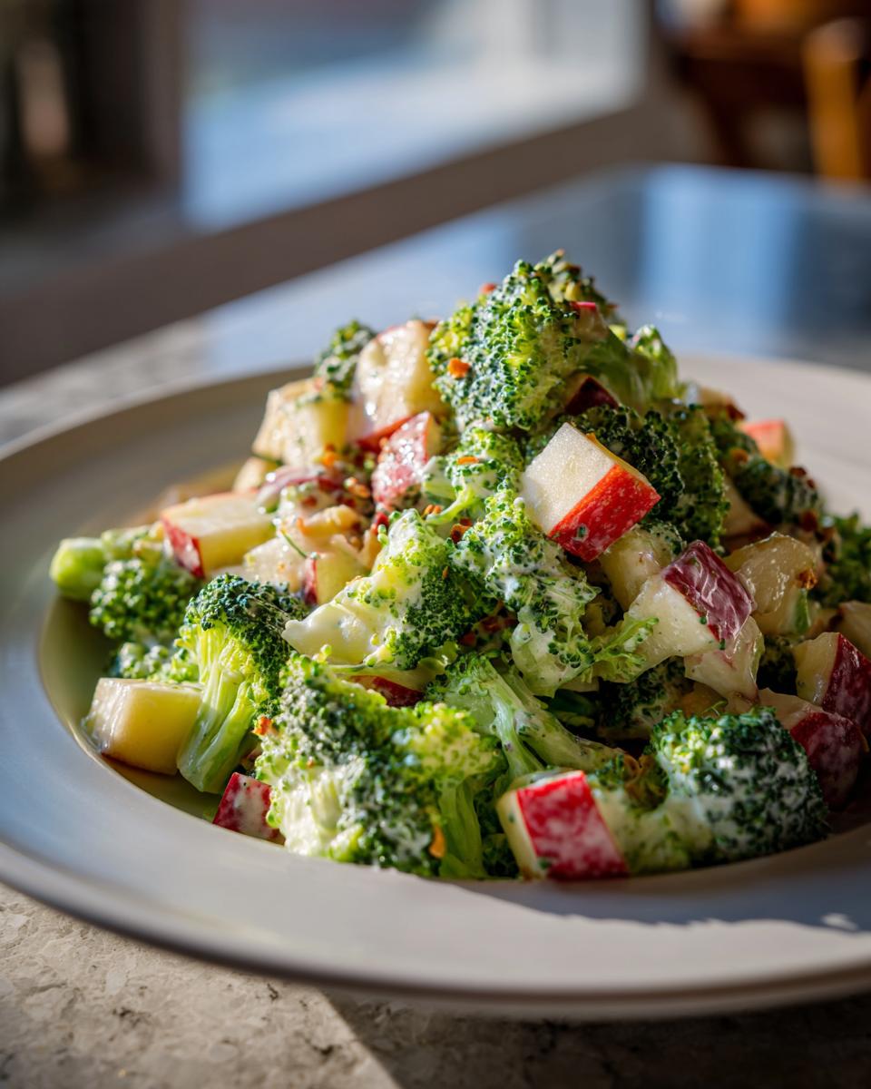 A close-up of a vibrant honeycrisp apple broccoli salad tossed in a creamy dressing, served on a light-colored plate.