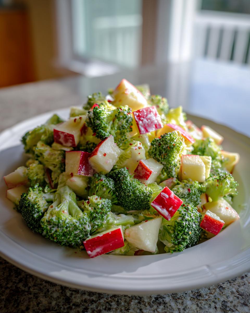 A close-up of a bowl filled with creamy honeycrisp apple broccoli salad, featuring bright green florets and diced red-skinned apple chunks.