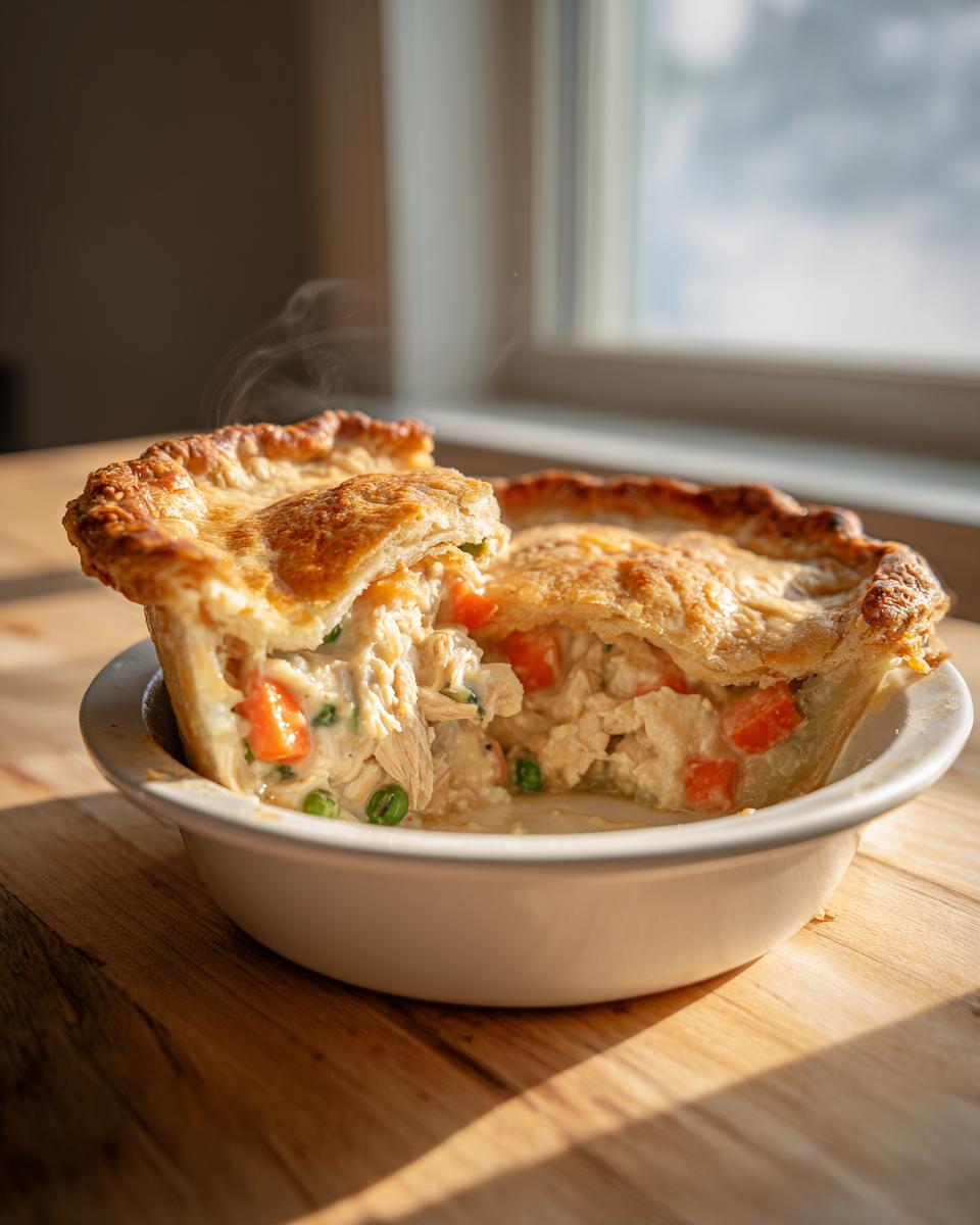 A close-up of a steaming hot individual chicken pot pie with a flaky golden crust broken open to show creamy filling, chicken, carrots, and peas.