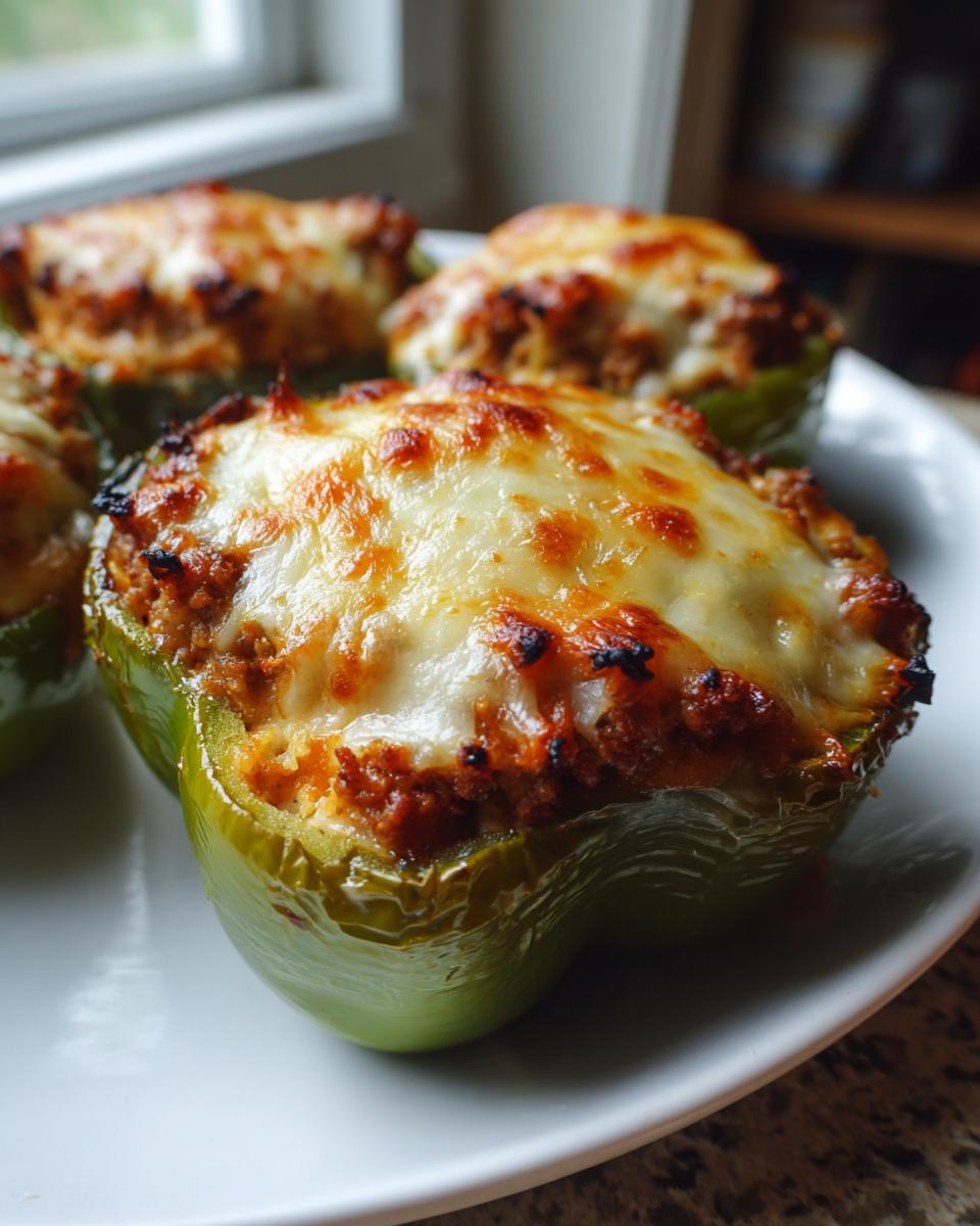 Close-up of baked green Keto Stuffed Bell Peppers topped with melted, browned cheese.