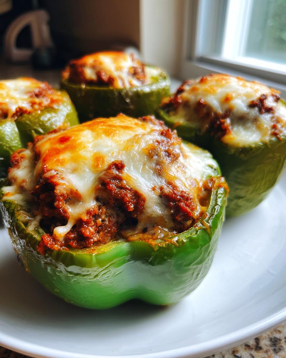 Close-up of four bright green Keto Stuffed Bell Peppers topped with savory meat filling and melted, browned cheese.