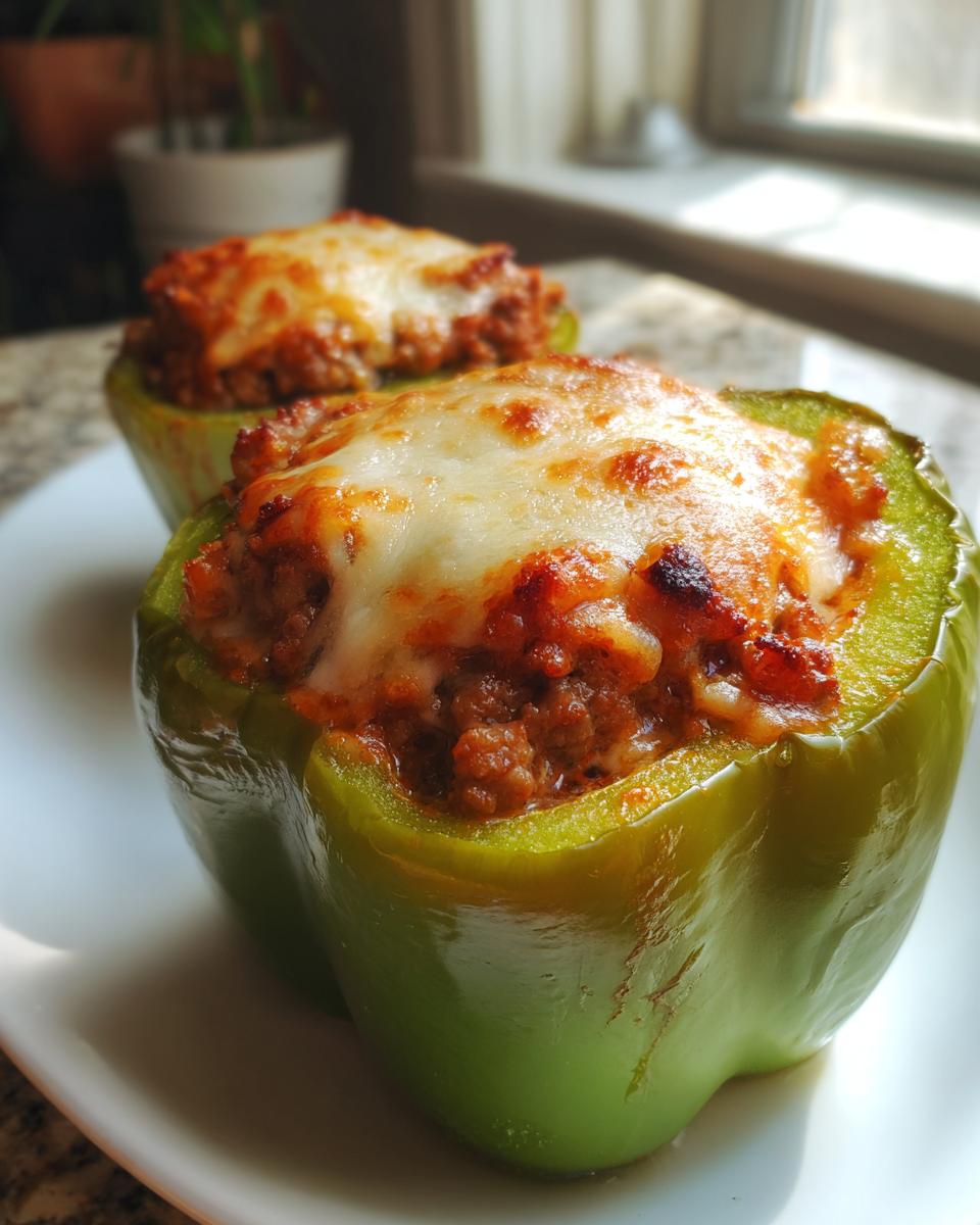 Two bright green Keto Stuffed Bell Peppers filled with meat sauce and topped with bubbly, melted mozzarella cheese.