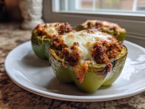 Three baked green Keto Stuffed Bell Peppers filled with meat sauce and topped with melted mozzarella cheese, served on a white plate.