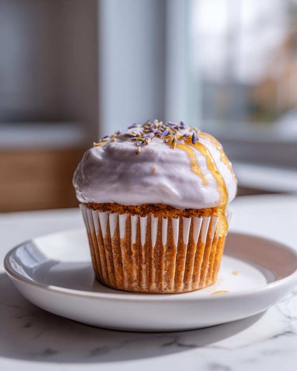 A single lavender honey cupcake with light purple frosting, drizzled with honey and topped with dried lavender buds.