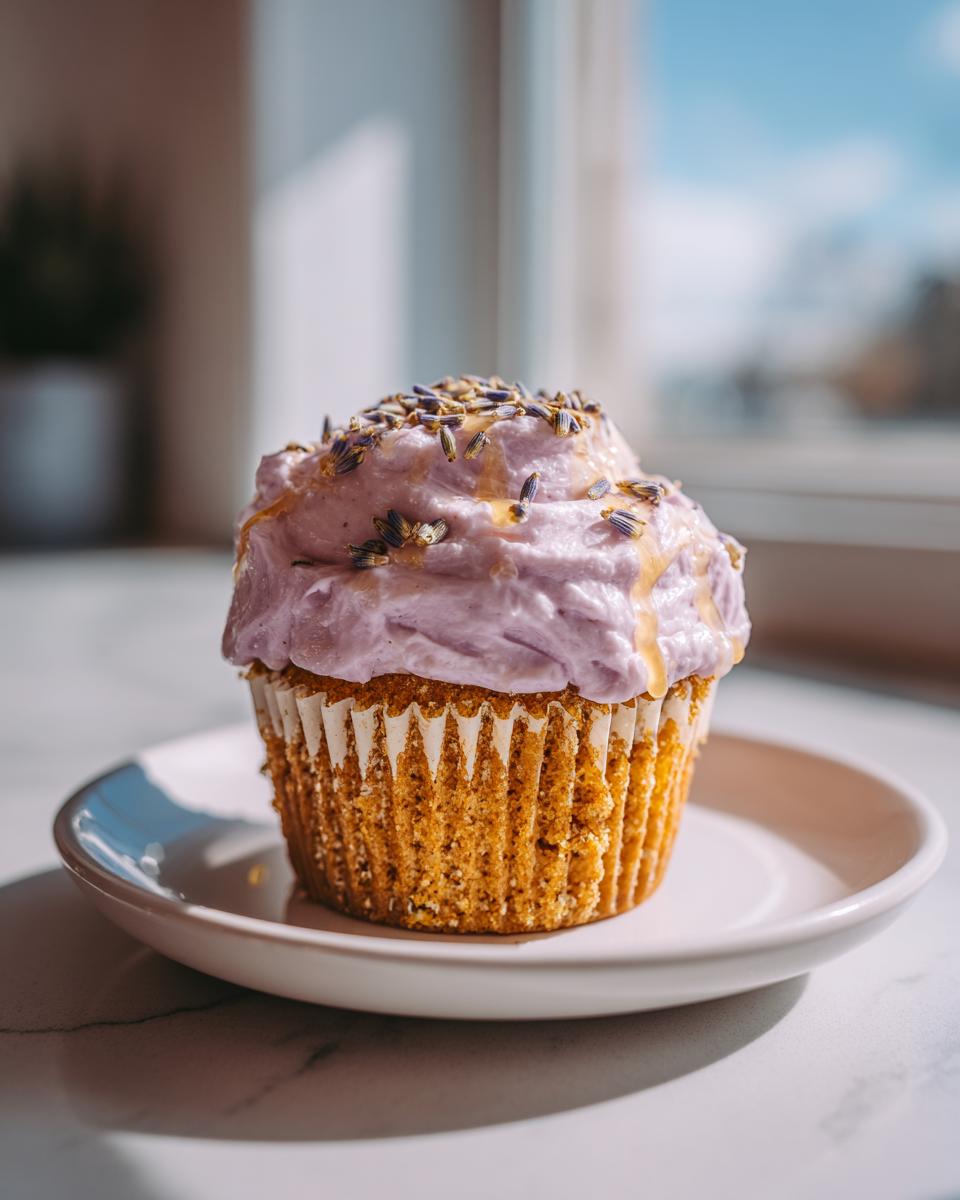A single, perfectly baked lavender honey cupcake topped with light purple frosting, drizzled honey, and dried lavender buds.