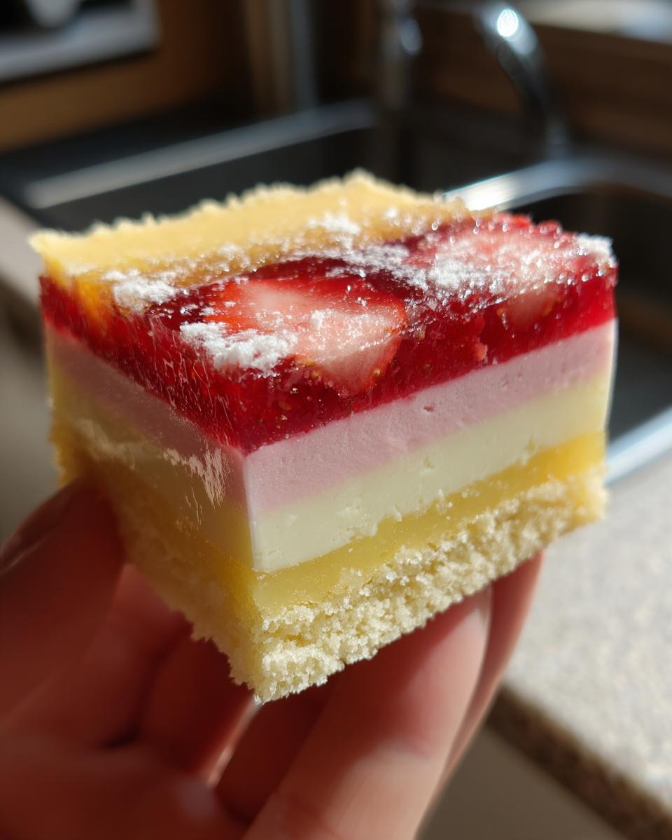 A close-up view of a single, multi-layered strawberry custard bars slice held in a hand, showing cake, custard, and strawberry jelly layers.