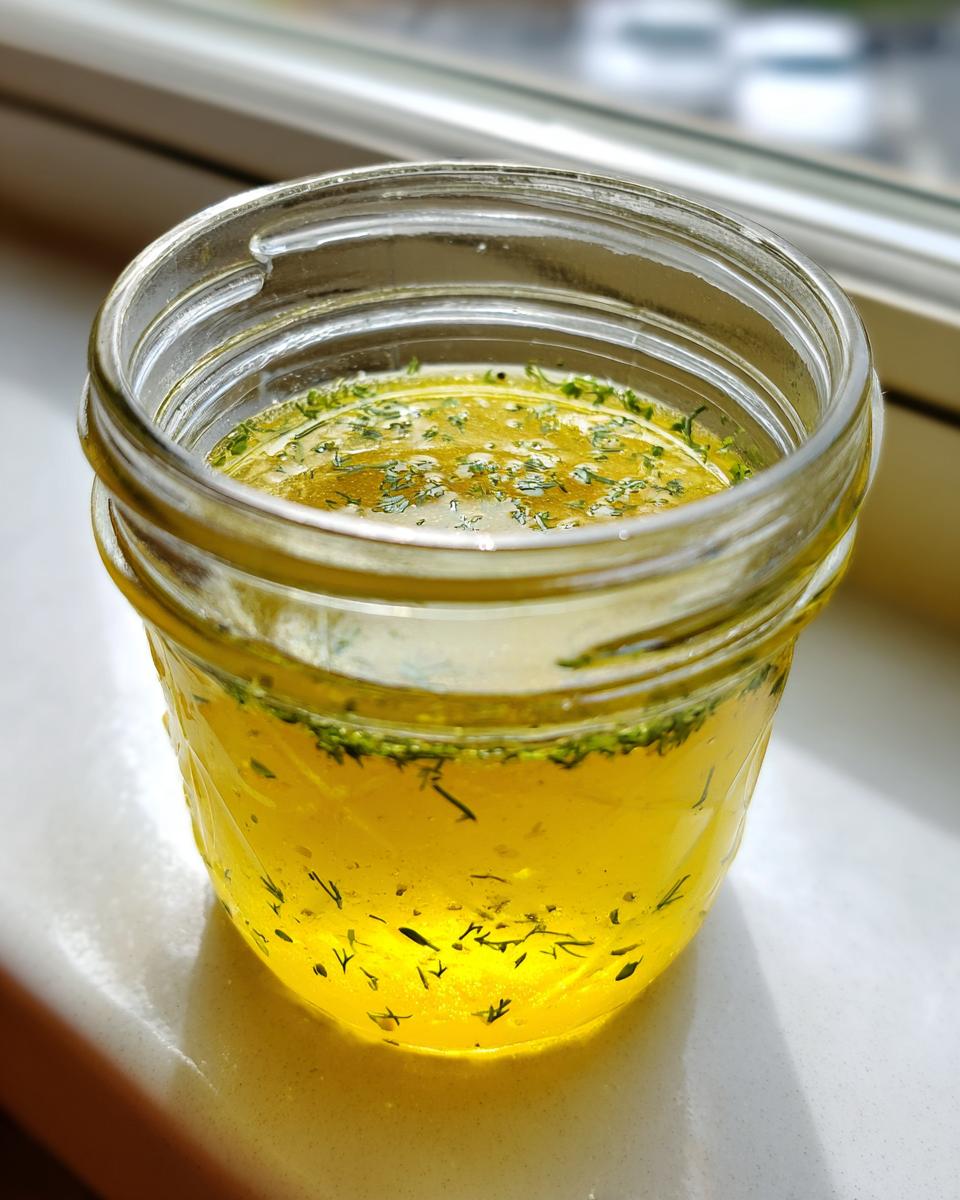 Close-up of bright yellow lemon dill vinaigrette with visible green dill flecks, stored in a small glass jar.