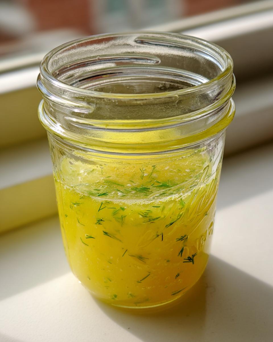 Bright yellow lemon dill vinaigrette mixed with fresh dill pieces in a small glass jar.