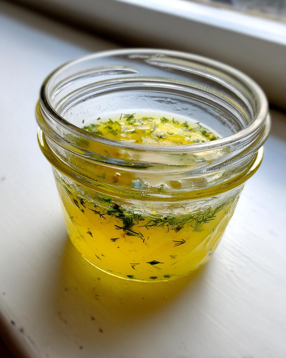 Close-up of bright yellow lemon dill vinaigrette mixed with fresh dill pieces in a small glass jar.