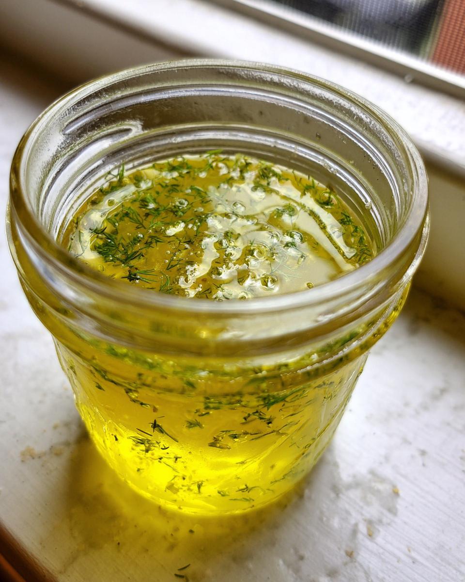 Close-up of bright yellow lemon dill vinaigrette mixed with fresh dill pieces in a small glass jar.