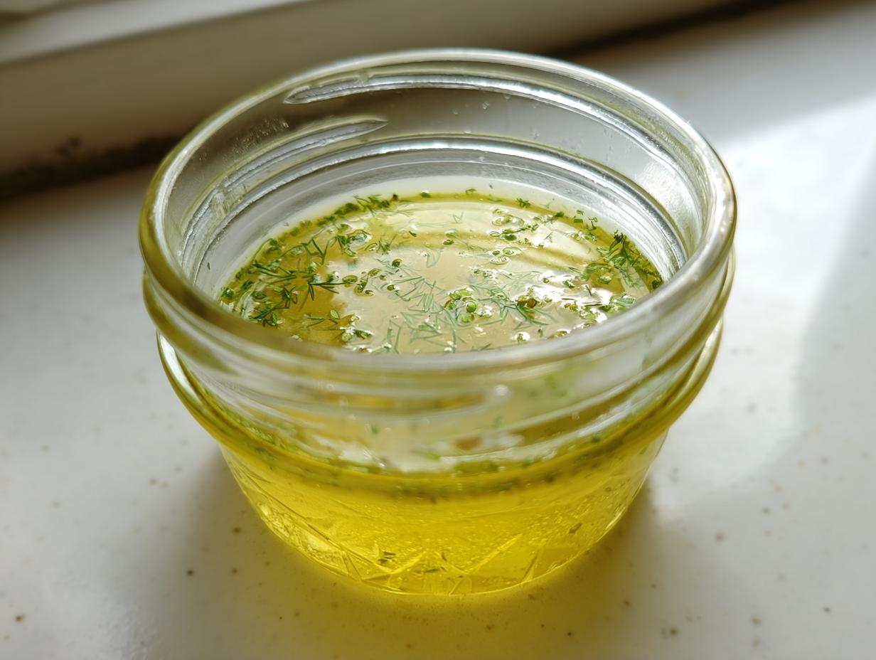 Close-up of bright yellow lemon dill vinaigrette with fresh dill floating on top, stored in a small glass jar.