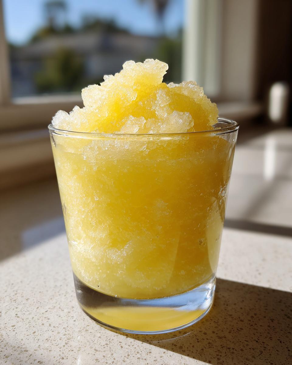 A close-up of a bright yellow lemon juice tonic slush, heavily iced and mounded high in a clear glass.