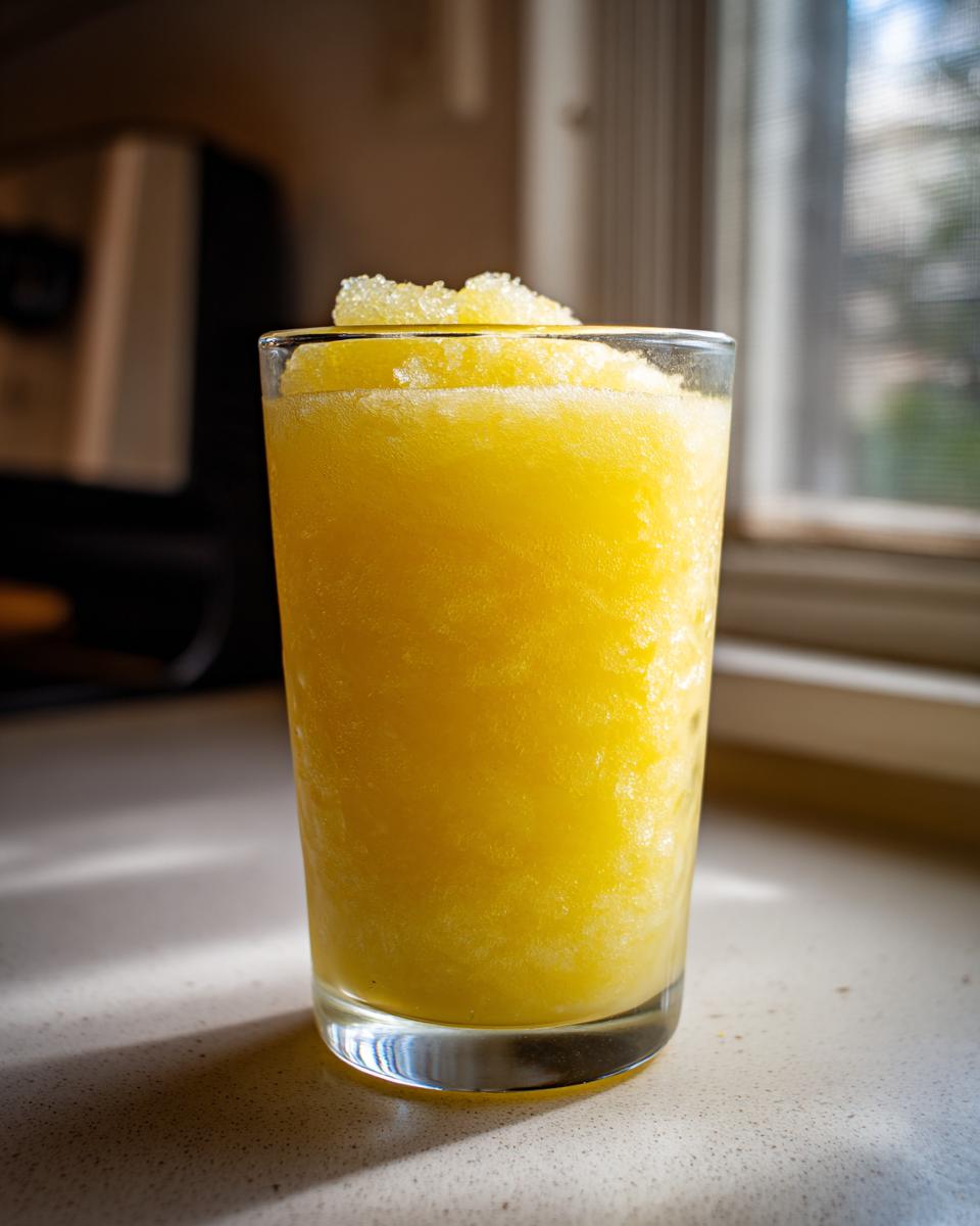 A tall glass filled with bright yellow, icy lemon juice tonic slush, topped with shaved ice.