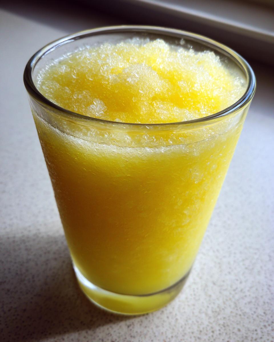 Close-up of a refreshing, bright yellow lemon juice tonic slush served in a clear glass.