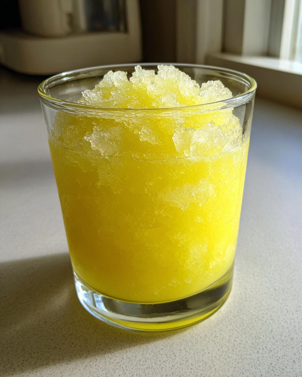 A vibrant yellow lemon juice tonic slush with crushed ice served in a clear glass.