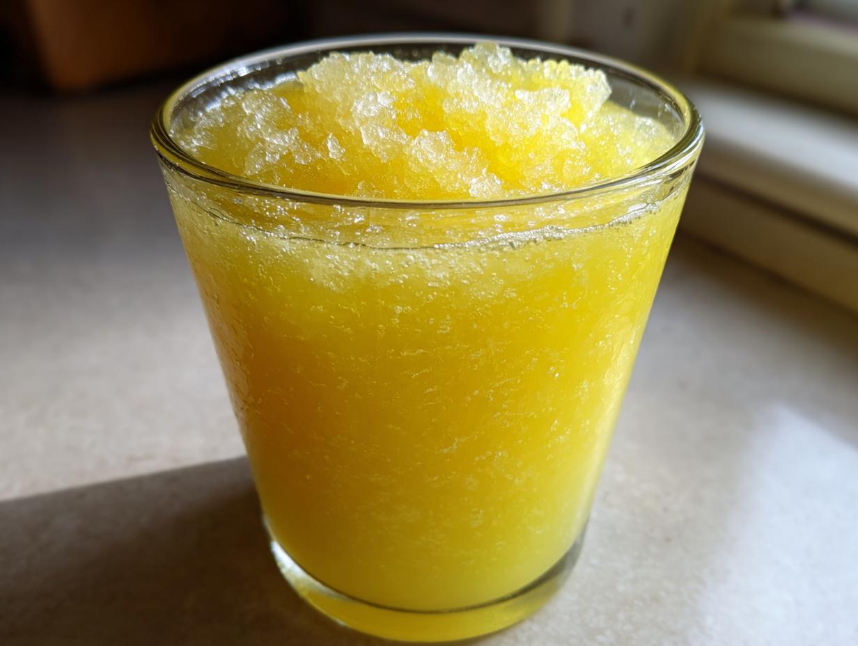 A close-up of a refreshing, bright yellow lemon juice tonic slush served in a clear glass, topped with crushed ice.