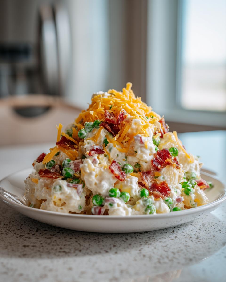 A mound of creamy ranch pasta salad mixed with peas, bacon, and topped with shredded cheddar cheese.