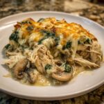 A serving of cheesy Low-Carb Chicken Spinach Mushroom Casserole with shredded chicken and sliced mushrooms.