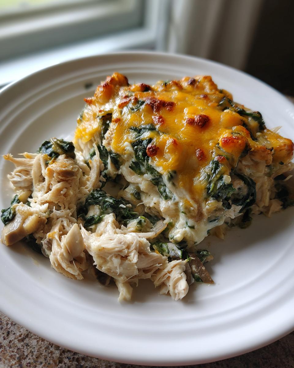 A serving of Low-Carb Chicken Spinach Mushroom Casserole with shredded chicken, spinach, and melted cheddar cheese topping.