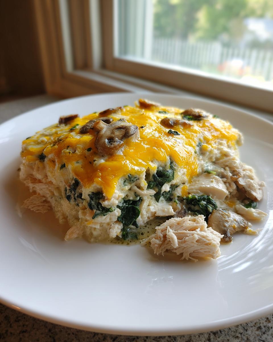 A serving of Low-Carb Chicken Spinach Mushroom Casserole topped with melted cheddar cheese and sliced mushrooms.