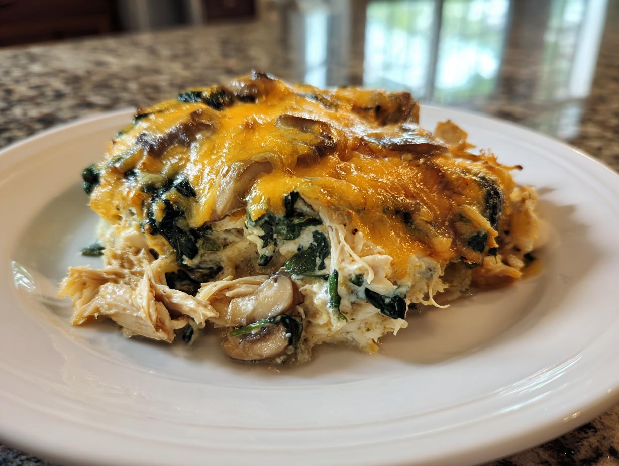 A generous serving of Low-Carb Chicken Spinach Mushroom Casserole topped with melted cheddar cheese on a white plate.