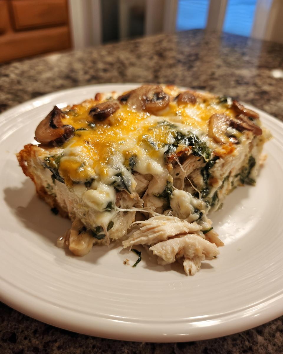 A close-up of a slice of Low-Carb Chicken Spinach Mushroom Casserole with melted cheese and mushrooms on top.